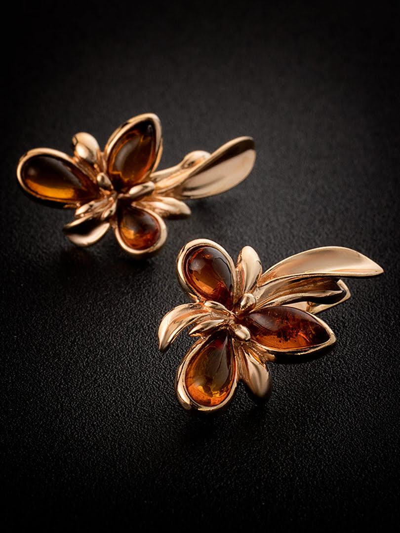 Bông tai trang sức Amber Jewelry bạc đính đá hổ phách màu cognac Cypress 16 phủ vàng - 710110039