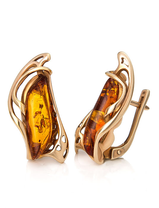 Bông tai trang sức Amber Jewelry bạc 22K đính đá hổ phách màu cognac (illusion) phủ vàng - 710110031