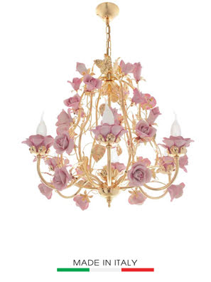 Đèn chùm Napolenon Trieste mạ vàng 24K 6 bóng, hoa màu hồng - 2395-6