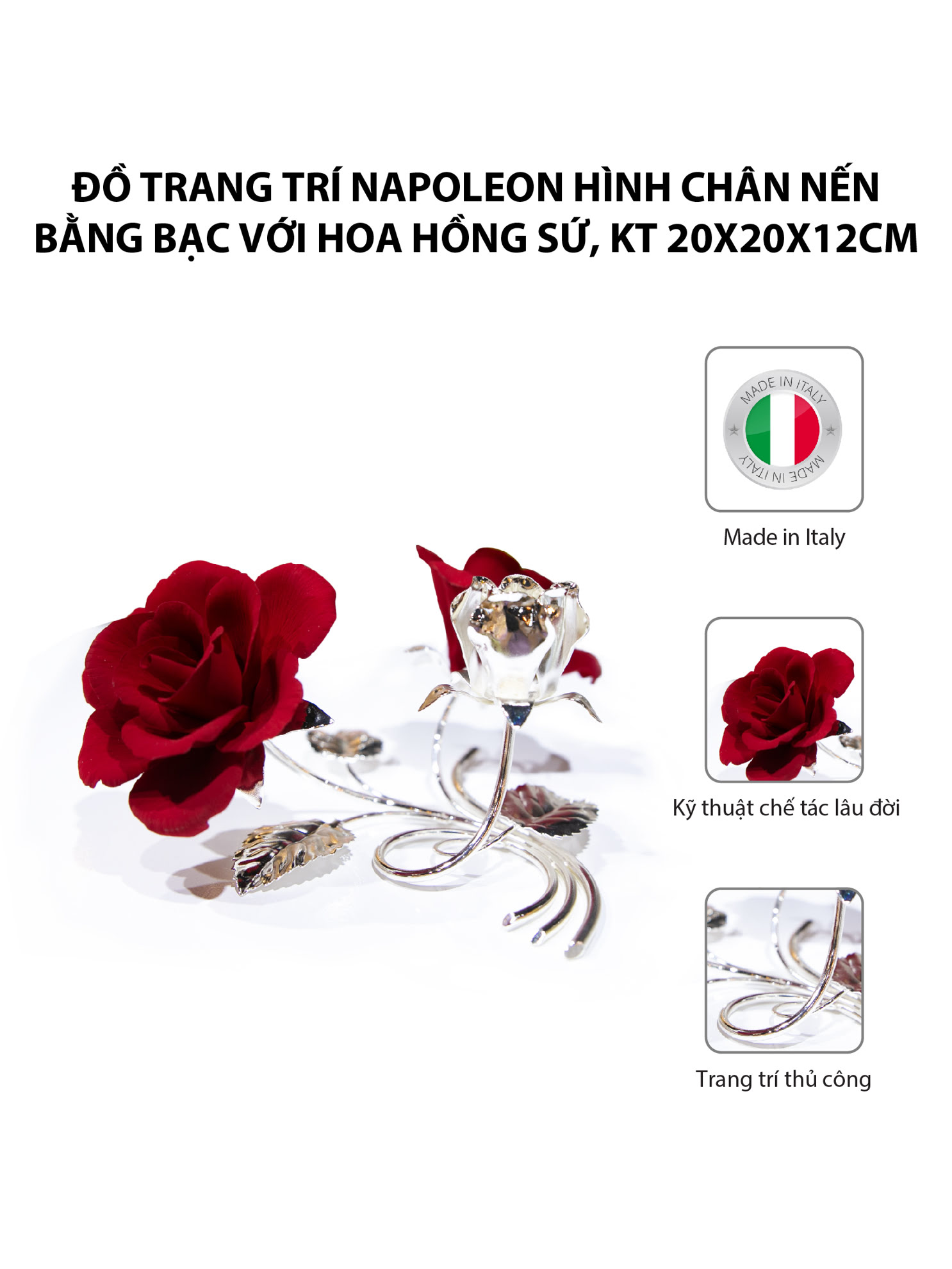 Đồ trang trí Napoleon hình chân nến bằng bạc với hoa hồng sứ,kt 20x20x12cm,code 5380/09 