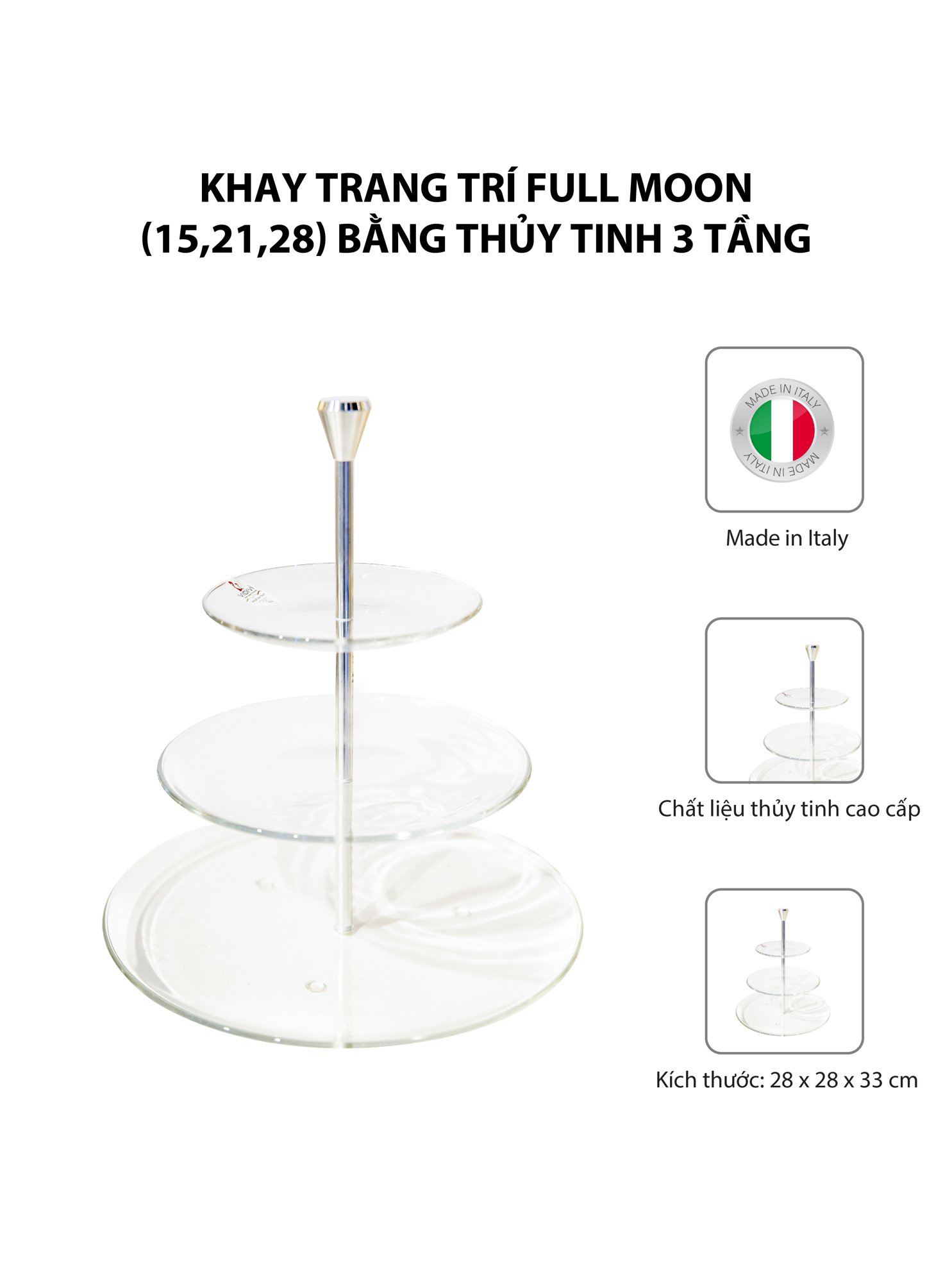 Khay trang trí FULL MOON (15,21,28) bằng thủy tinh 3 tầng VIDIVI - 67054