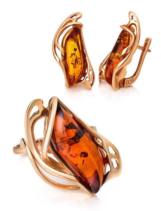 Bông tai trang sức Amber Jewelry bạc 22K đính đá hổ phách màu cognac (illusion) phủ vàng - 710110031