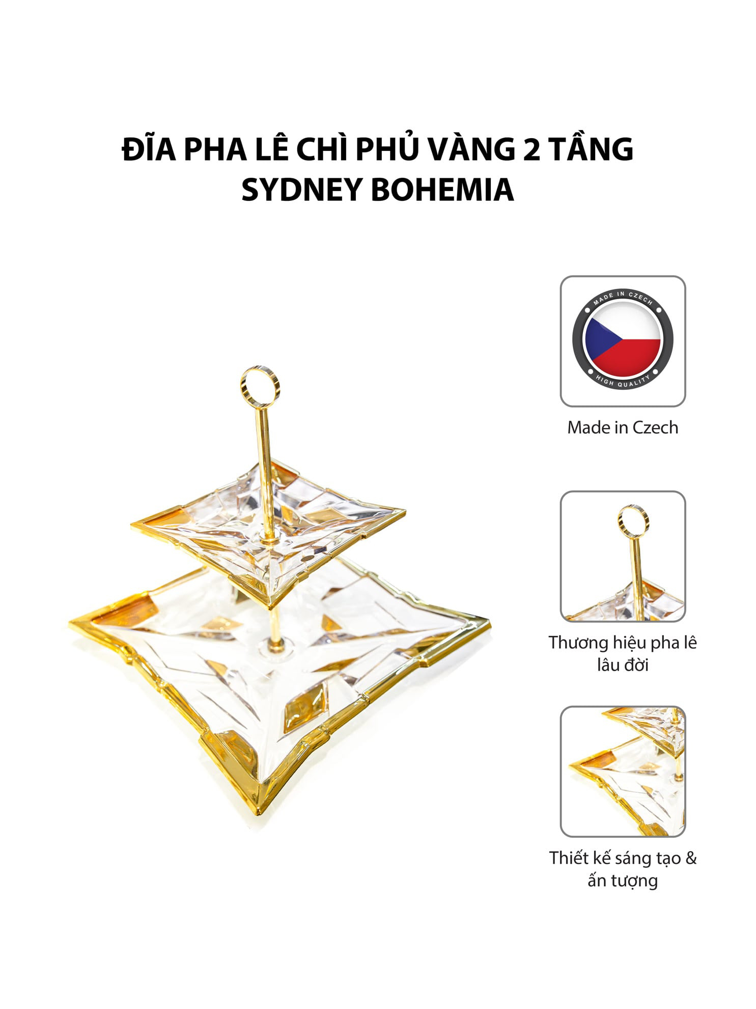 Đĩa pha lê chì phủ vàng 2 tầng Sydney Bohemia