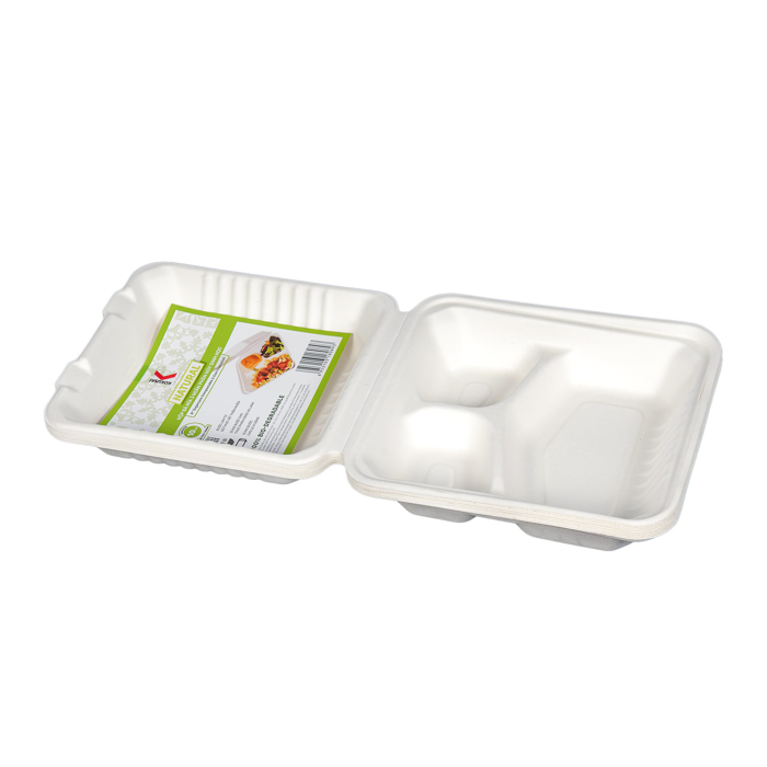 Hộp bã mía 3 ngăn phân hủy sinh học KOKUSAI 8IN Lốc 10 cái - 180893