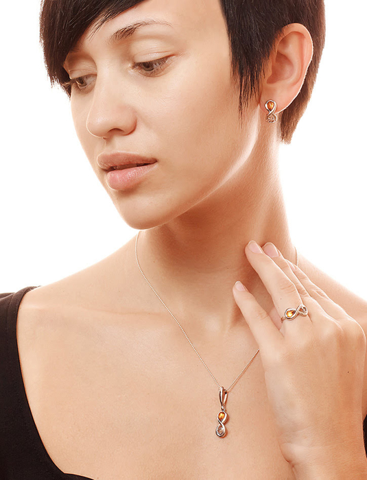 Bông tai trang sức Amber Jewelry bạc 22K đính đá hổ phách màu cognac (Amur) phủ kim loại Rhodium - 606508126