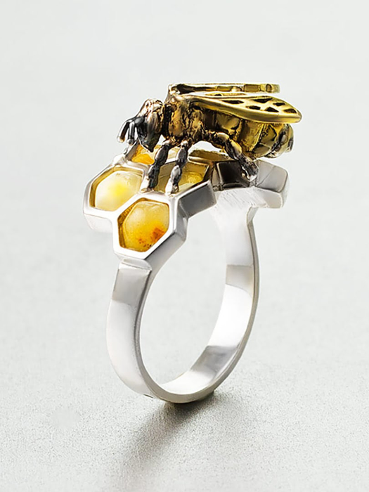 Nhẫn trang sức Amber Jewelry bạc 22K đính đá hổ phách màu sữa (Winnie the pooh 16) phủ kim loại Rhodium - 706302138