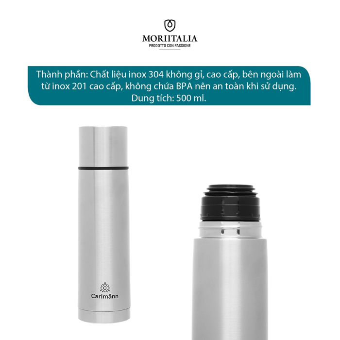Bình giữ nhiệt Carlmann 500ml ,Giữ nóng lạnh nhiều giờ 007399 - Chất liệu thép không gỉ, Chính hãng MORIITALIA