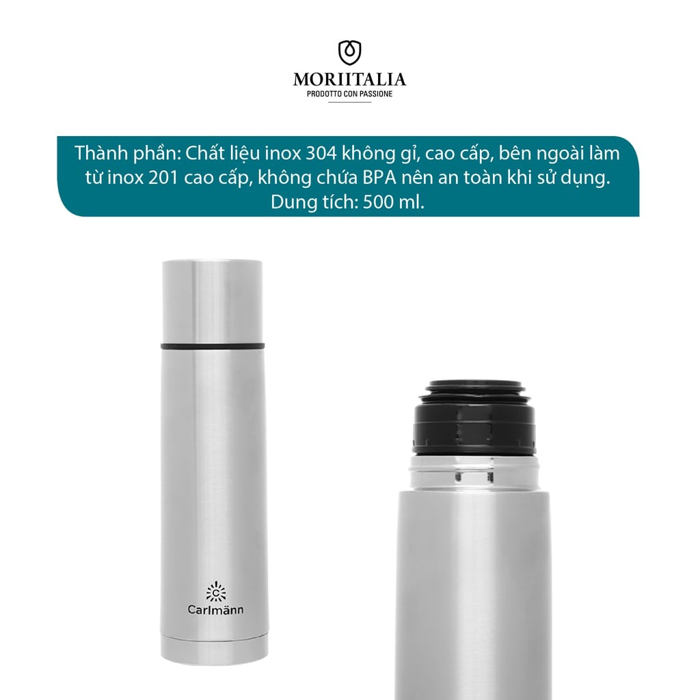 Bình giữ nhiệt Carlmann 500ml ,Giữ nóng lạnh nhiều giờ 007399 - Chất liệu thép không gỉ, Chính hãng MORIITALIA