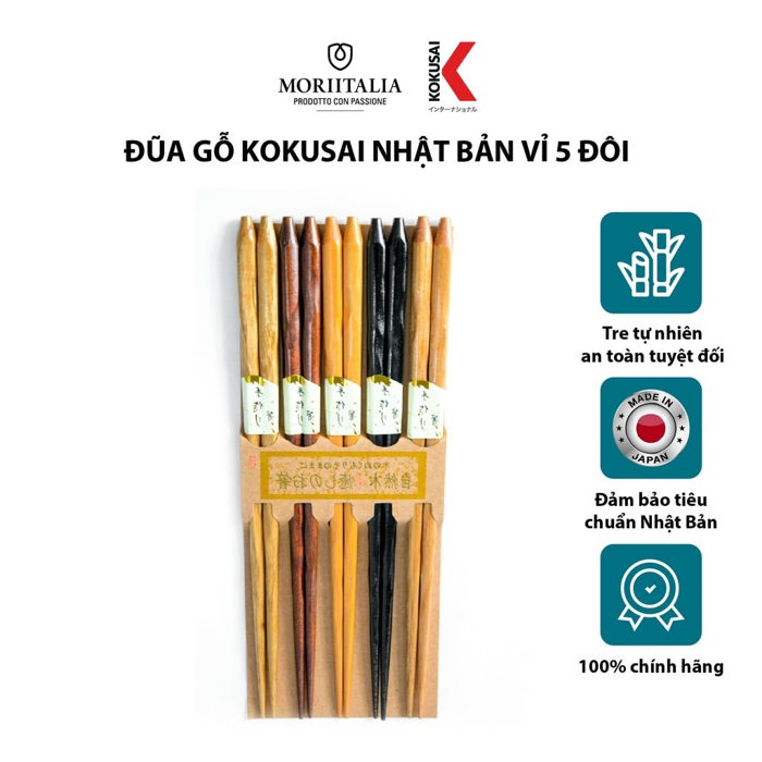 Vỉ 5 đôi đũa gỗ Kokusai Nhật Bản an toàn, chất liệu tre tự nhiên Moriitalia NDCK-23C