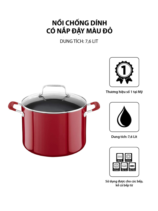 Nồi chống dính 7.6L KitchenAid có nắp đậy màu đỏ - KC2A80SCER