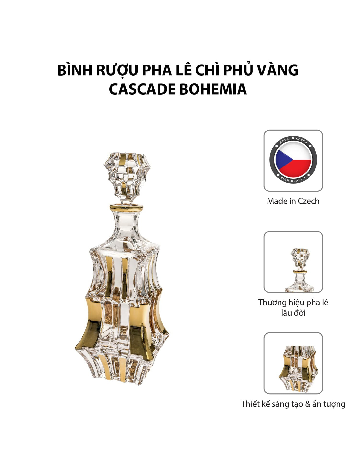Bình rượu pha lê chì phủ vàng Cascade Bohemia