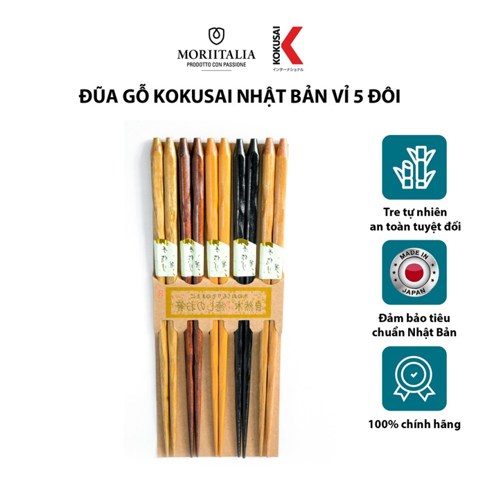 Vỉ 5 đôi đũa gỗ Kokusai Nhật Bản an toàn, chất liệu tre tự nhiên Moriitalia NDCK-23C