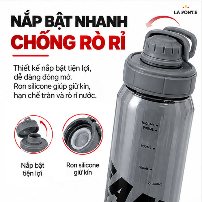 Bình Nước Thể Thao La Fonte 1000 ml Màu Đen – Quai Xách Tiện Mang Theo