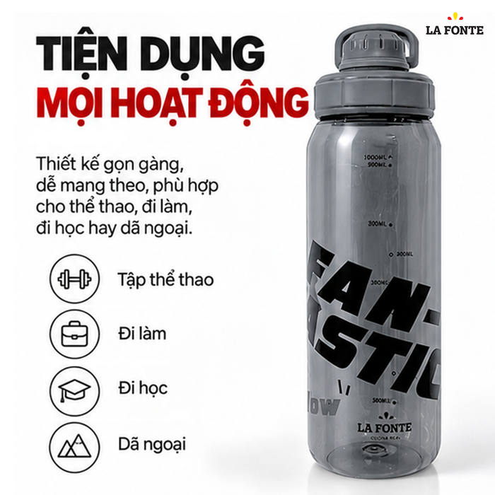 Bình Nước Thể Thao La Fonte 1000 ml Màu Đen – Quai Xách Tiện Mang Theo