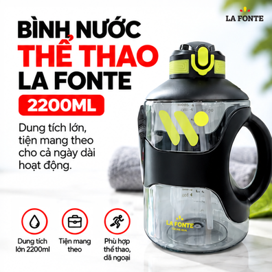 Bình Nước Thể Thao La Fonte 2200 ml Màu Đen – Tay Cầm Kèm Ống Hút