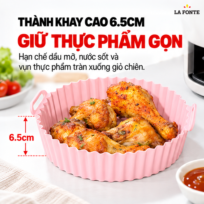 Khay Silicone La Fonte Dùng Cho Nồi Chiên Không Dầu, Hình Tròn (20 x 17 x 6.5 cm), Màu Hồng – Chống Dính Chịu Nhiệt
