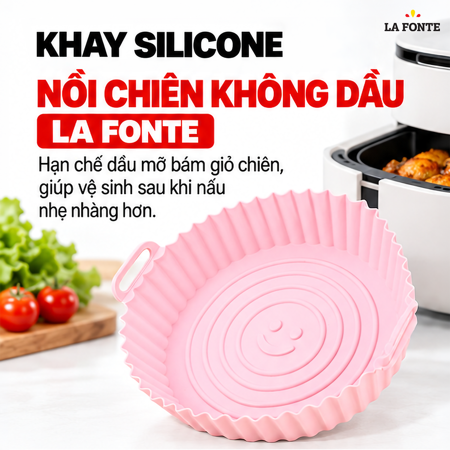Khay Silicone La Fonte Dùng Cho Nồi Chiên Không Dầu, Hình Tròn (20 x 17 x 6.5 cm), Màu Hồng – Chống Dính Chịu Nhiệt