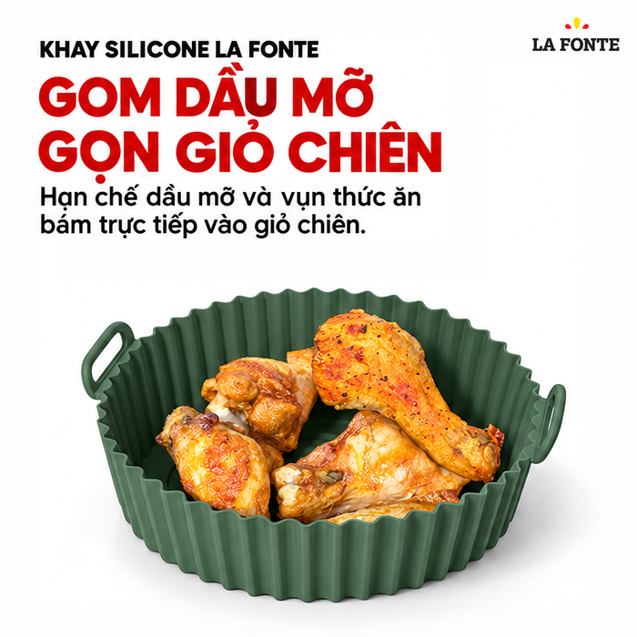 Khay Silicone La Fonte Dùng Cho Nồi Chiên Không Dầu, Hình Tròn (23.5 x 19.5 x 8.5 cm), Màu Xanh Lá – Chống Dính Chịu Nhiệt