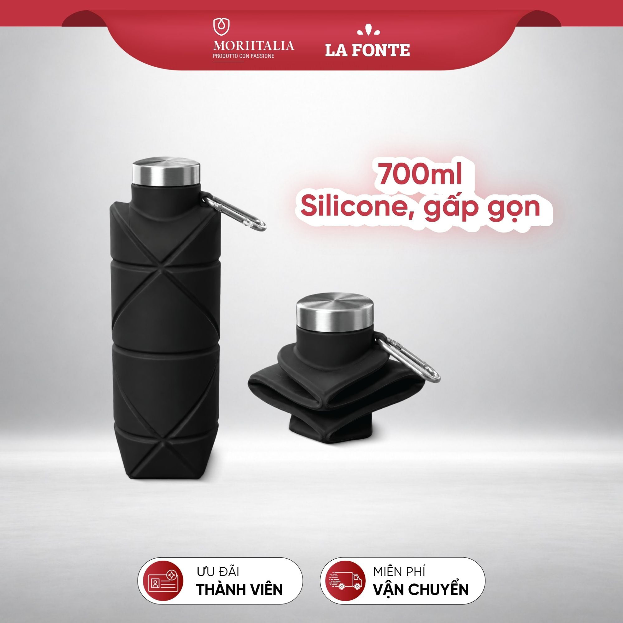 Bình Nước Thể Thao Gấp Gọn Silicone La Fonte 700 ml - đen