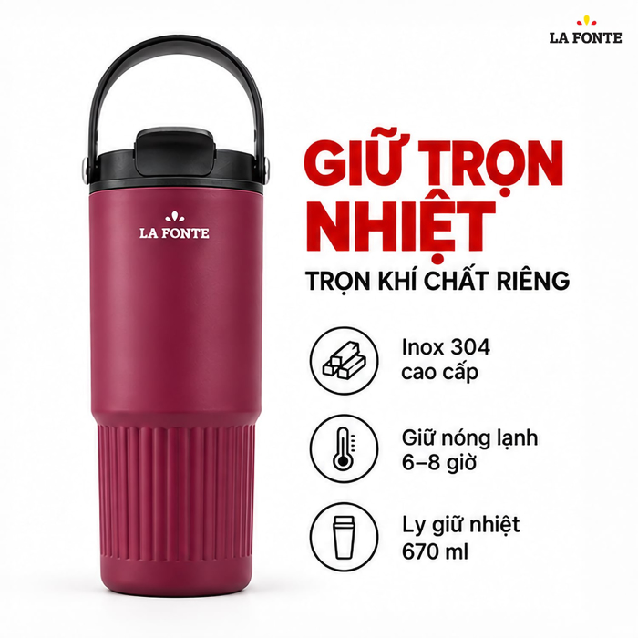 Ly Giữ Nhiệt 670ml Inox 304 Có Quai Xách La Fonte Màu Đỏ