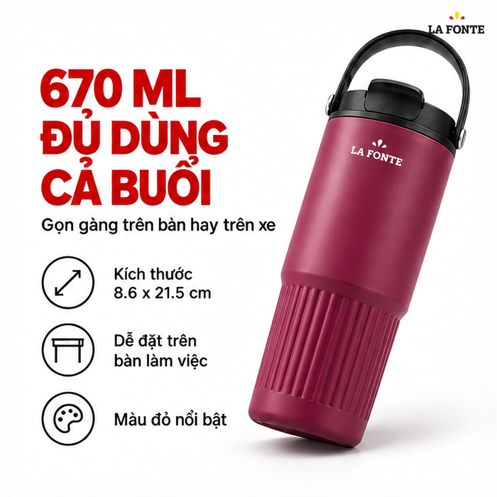 Ly Giữ Nhiệt 670ml Inox 304 Có Quai Xách La Fonte Màu Đỏ
