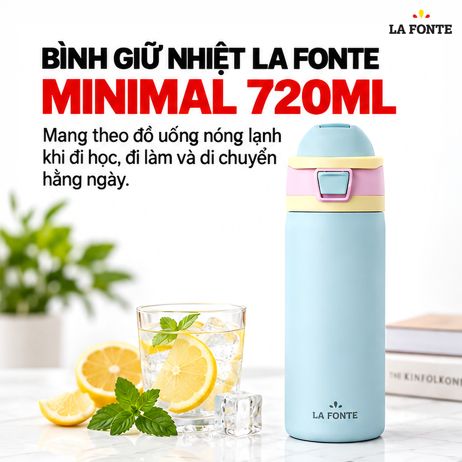Bình Giữ Nhiệt Inox 304 La Fonte Minimal 720 ml Màu Xanh Dương – Giữ Nóng Lạnh Tiện Lợi