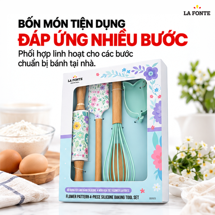 Bộ Dụng Cụ Làm Bánh Silicone La Fonte Flower 4 Món – Từ Cán Bột Đến Tạo Hình Bánh