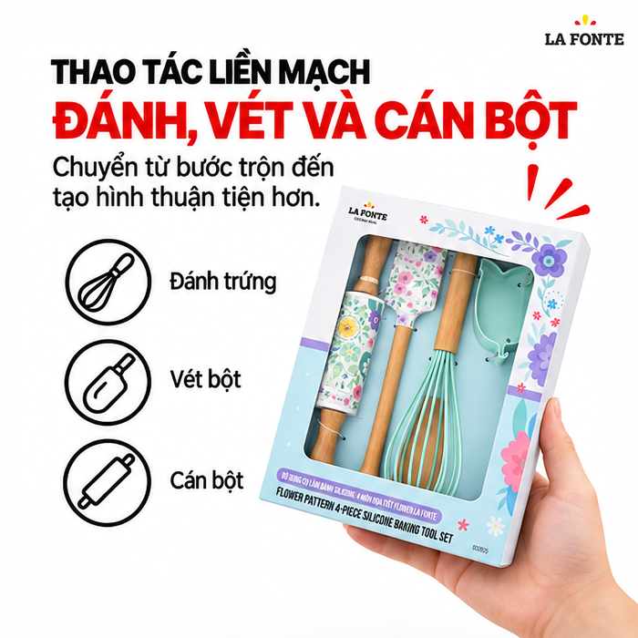 Bộ Dụng Cụ Làm Bánh Silicone La Fonte Flower 4 Món – Từ Cán Bột Đến Tạo Hình Bánh