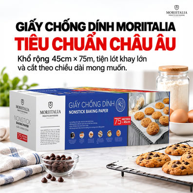 Giấy Chống Dính Moriitalia 45 cm x 75 m (Bao Bì Mới) – Hạn Chế Thức Ăn Bám Khay