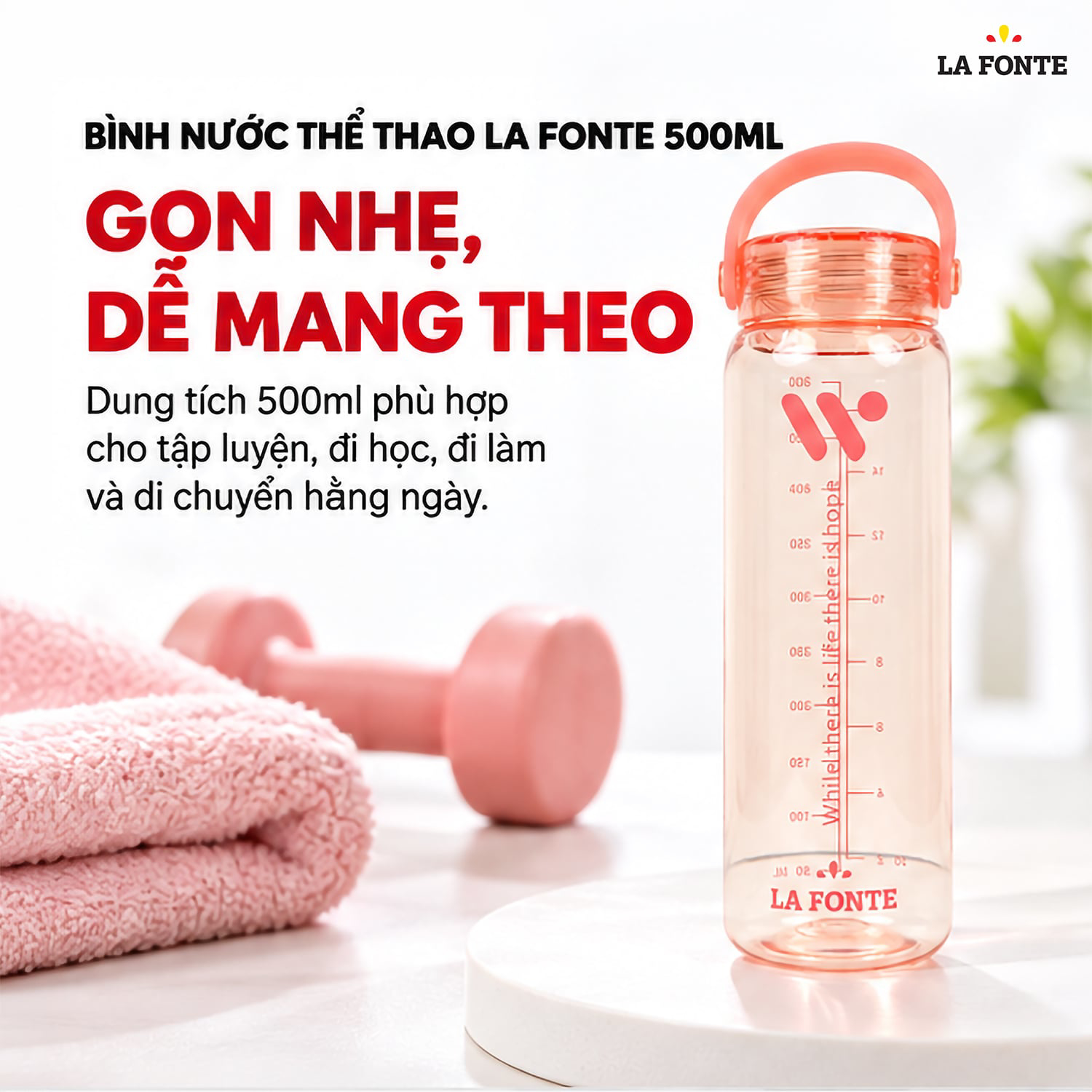 Bình Nước Thể Thao La Fonte 500 ml Màu Hồng – Quai Xách Tiện Mang Theo