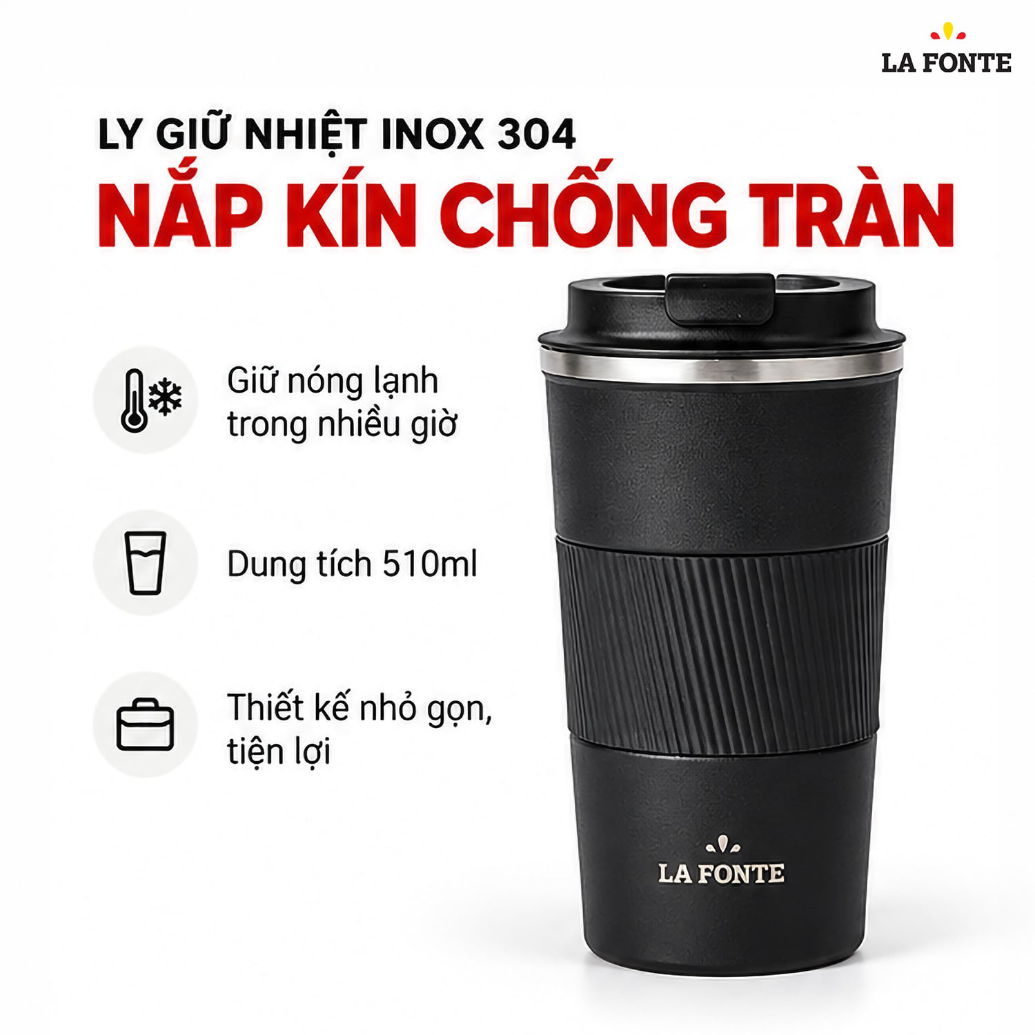 Ly Giữ Nhiệt La Fonte 510 ml Màu Đen – Giữ Nóng Lạnh Tiện Lợi