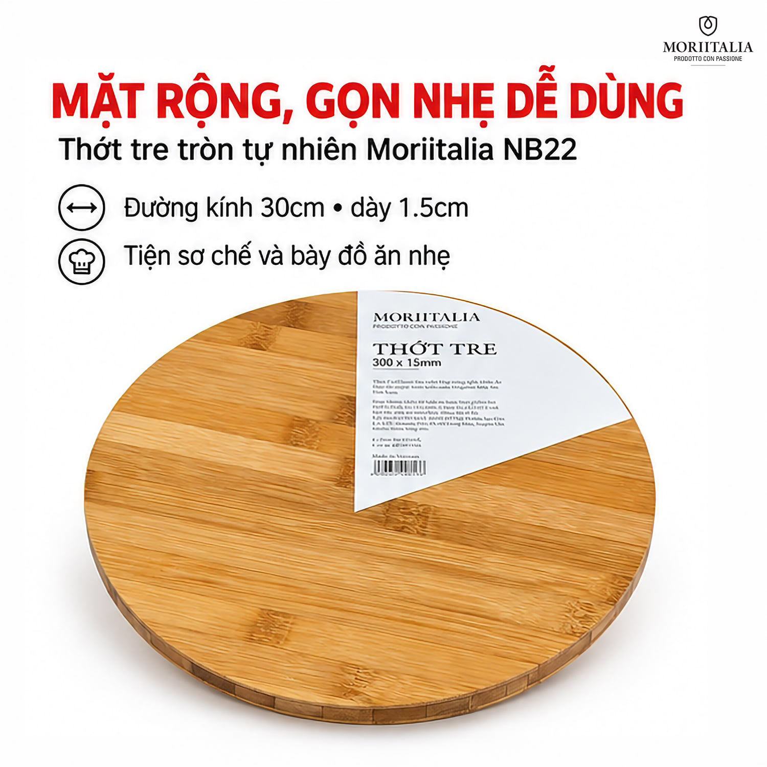 Thớt Tre Tròn Moriitalia NB22 30 x 1.5 cm – Thiết Kế Tròn, Gọn Nhẹ