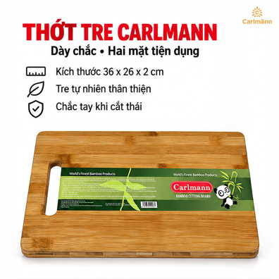 Thớt Tre Carlmann 36 x 26 x 2 cm – Dày Chắc, Bền Bỉ