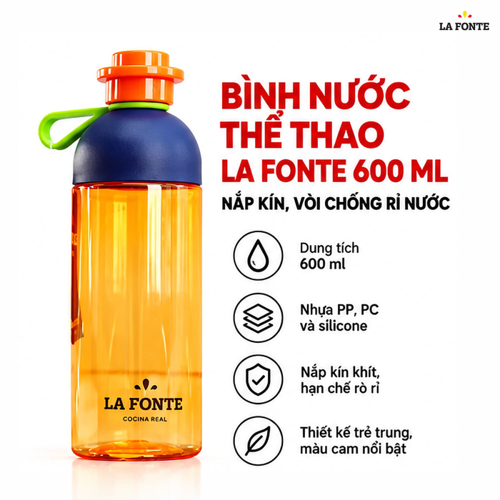 Bình Nước Thể Thao La Fonte 600 ml Màu Cam – Tiện Mang Theo Đồ Uống