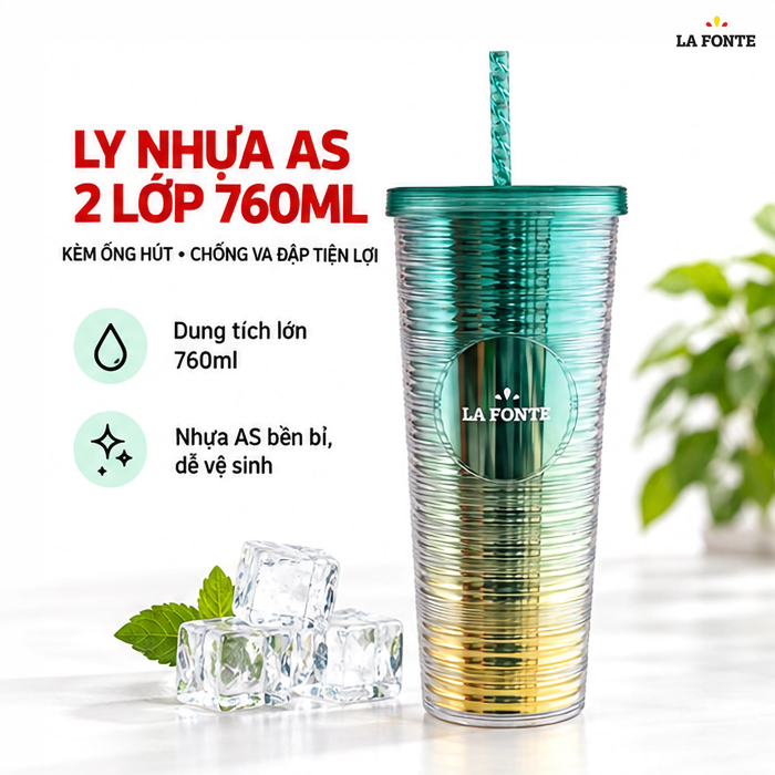 Ly Nhựa 2 Lớp Kèm Ống Hút La Fonte 760 ml Màu Xanh Lá Phối Vàng – Kèm Ống Hút Tiện Dụng