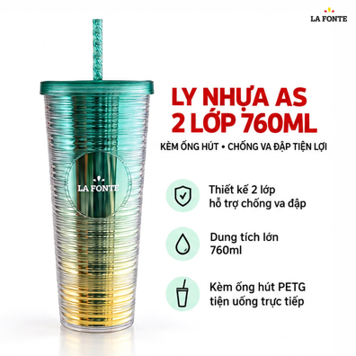 Ly Nhựa 2 Lớp Kèm Ống Hút La Fonte 760 ml Màu Xanh Lá Phối Vàng – Kèm Ống Hút Tiện Dụng