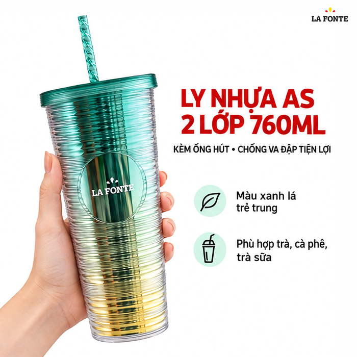 Ly Nhựa 2 Lớp Kèm Ống Hút La Fonte 760 ml Màu Xanh Lá Phối Vàng – Kèm Ống Hút Tiện Dụng
