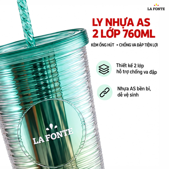 Ly Nhựa 2 Lớp Kèm Ống Hút La Fonte 760 ml Màu Xanh Lá Phối Vàng – Kèm Ống Hút Tiện Dụng
