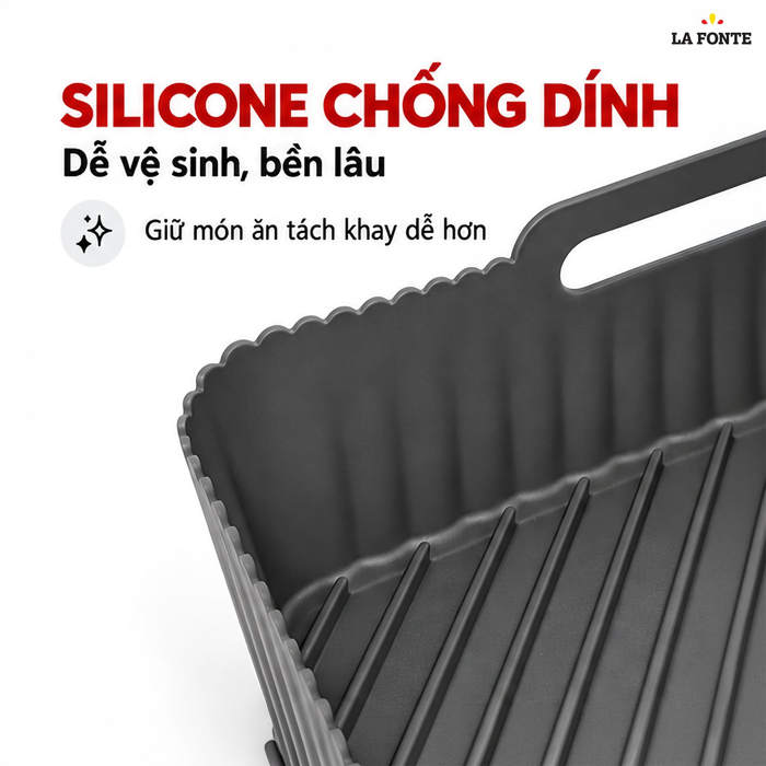 Khay Silicone La Fonte Dùng Cho Nồi Chiên Không Dầu, Hình Chữ Nhật (22 x 13 x 8 cm), Màu Xám – Chống Dính Chịu Nhiệt