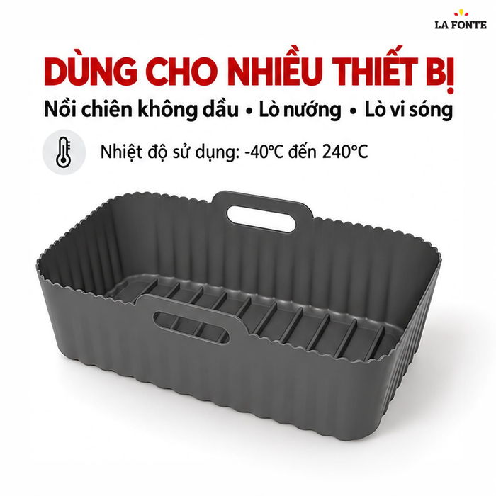 Khay Silicone La Fonte Dùng Cho Nồi Chiên Không Dầu, Hình Chữ Nhật (22 x 13 x 8 cm), Màu Xám – Chống Dính Chịu Nhiệt