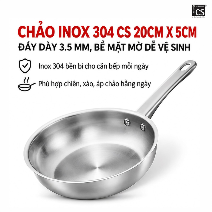 Chảo Inox 304 CS 20 x 5 cm – Bề Mặt Nhám Chống Trầy, Dễ Vệ Sinh