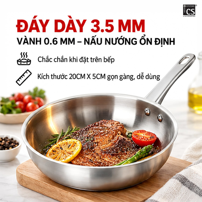 Chảo Inox 304 CS 20 x 5 cm – Bề Mặt Nhám Chống Trầy, Dễ Vệ Sinh