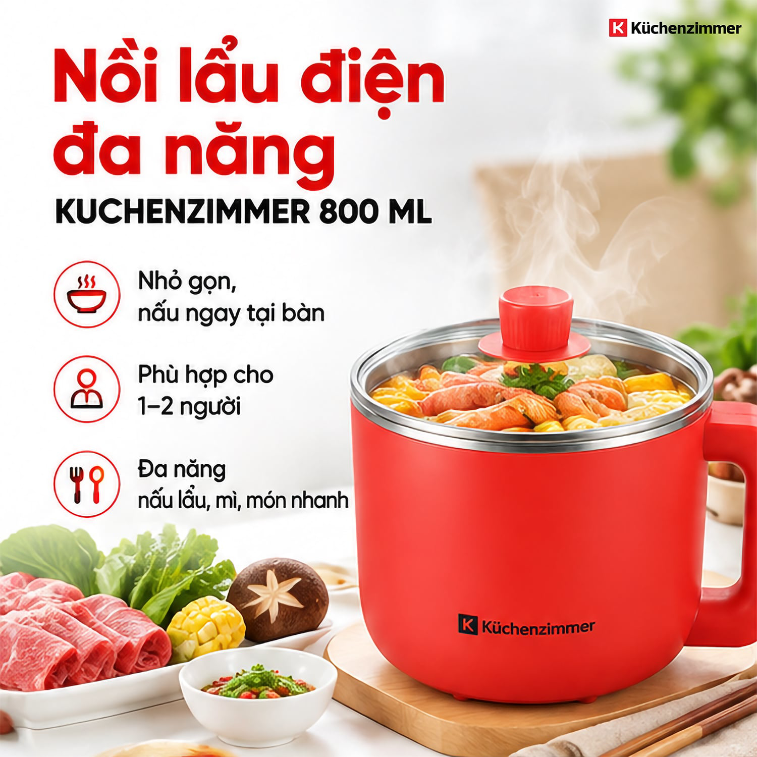 Nồi Lẩu Điện Đa Năng Kuchenzimmer 800 ml, Màu Đỏ – Nhỏ Gọn Đa Năng