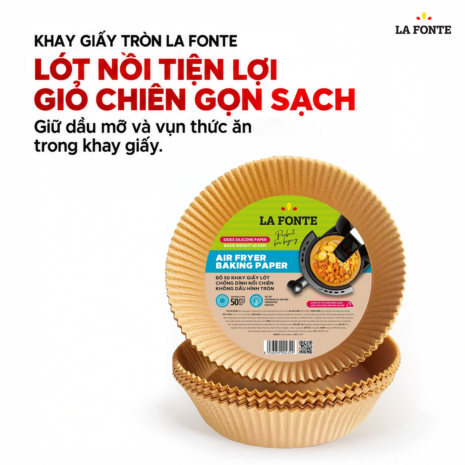 Khay Giấy Lót Nồi Chiên La Fonte Tròn, 50 Khay Màu Nâu – Giữ Cặn Thức Ăn Gọn Trong Khay
