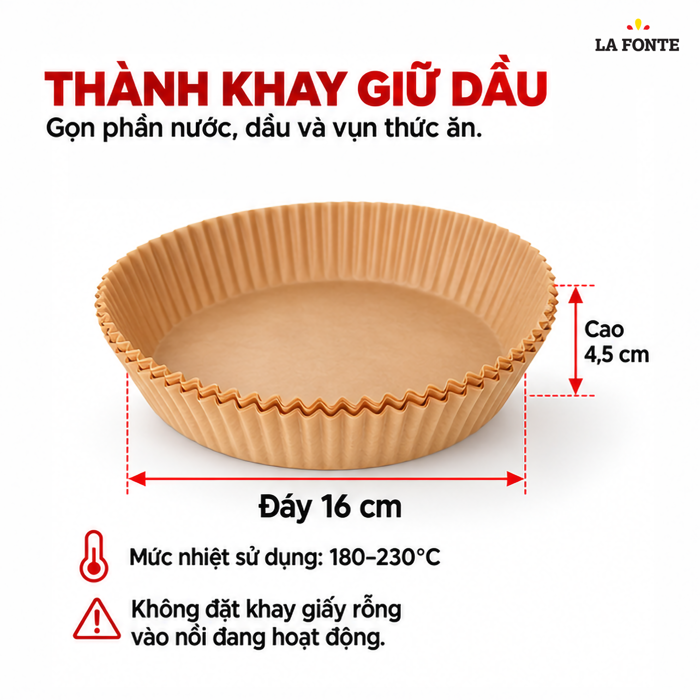 Khay Giấy Lót Nồi Chiên La Fonte Tròn, 50 Khay Màu Nâu – Giữ Cặn Thức Ăn Gọn Trong Khay