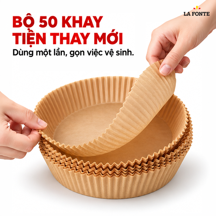 Khay Giấy Lót Nồi Chiên La Fonte Tròn, 50 Khay Màu Nâu – Giữ Cặn Thức Ăn Gọn Trong Khay