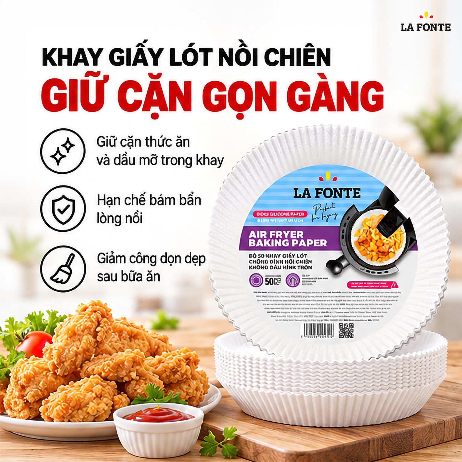 Khay Giấy Lót Nồi Chiên La Fonte Tròn, 50 Khay Màu Trắng – Giữ Cặn Thức Ăn Gọn Trong Khay