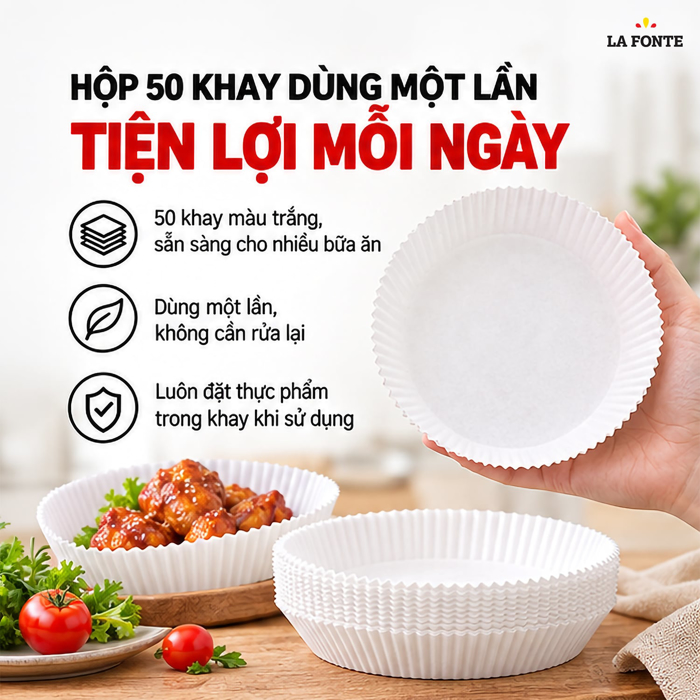 Khay Giấy Lót Nồi Chiên La Fonte Tròn, 50 Khay Màu Trắng – Giữ Cặn Thức Ăn Gọn Trong Khay