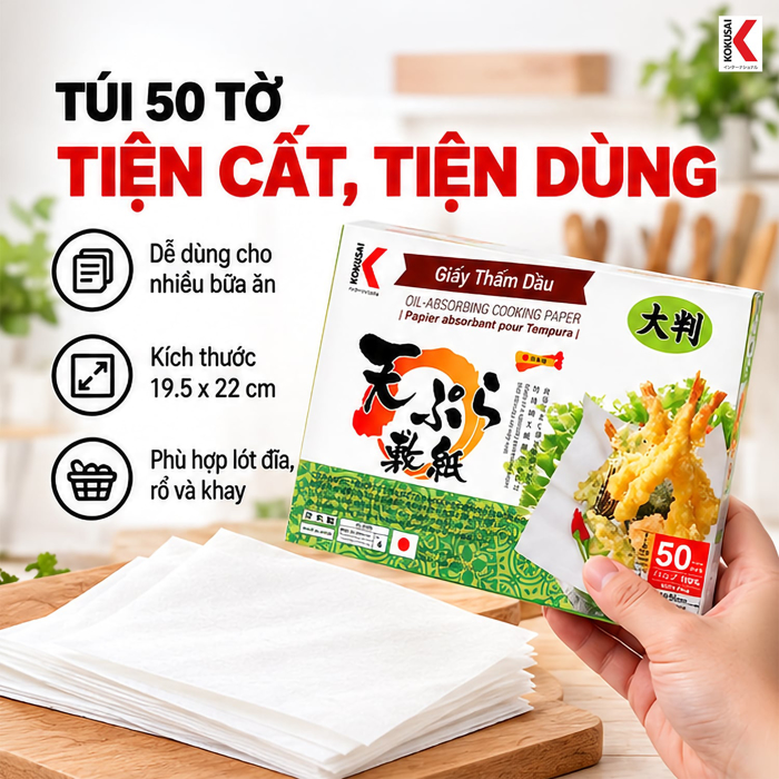Giấy Thấm Dầu Kokusai Tempura 19.5 x 22 cm, 50 Tờ – Hút Bớt Dầu Mỡ Sau Chế Biến