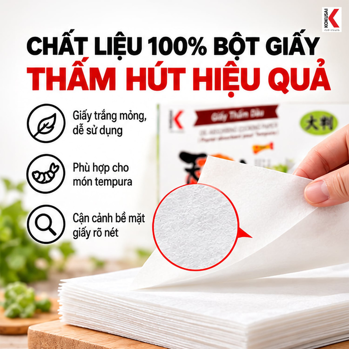 Giấy Thấm Dầu Kokusai Tempura 19.5 x 22 cm, 50 Tờ – Hút Bớt Dầu Mỡ Sau Chế Biến
